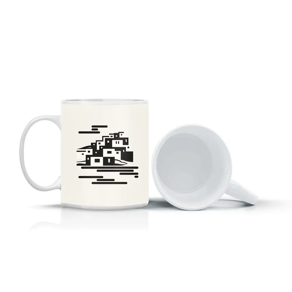 Minimalist Hillside Village Black White Art – Mugs