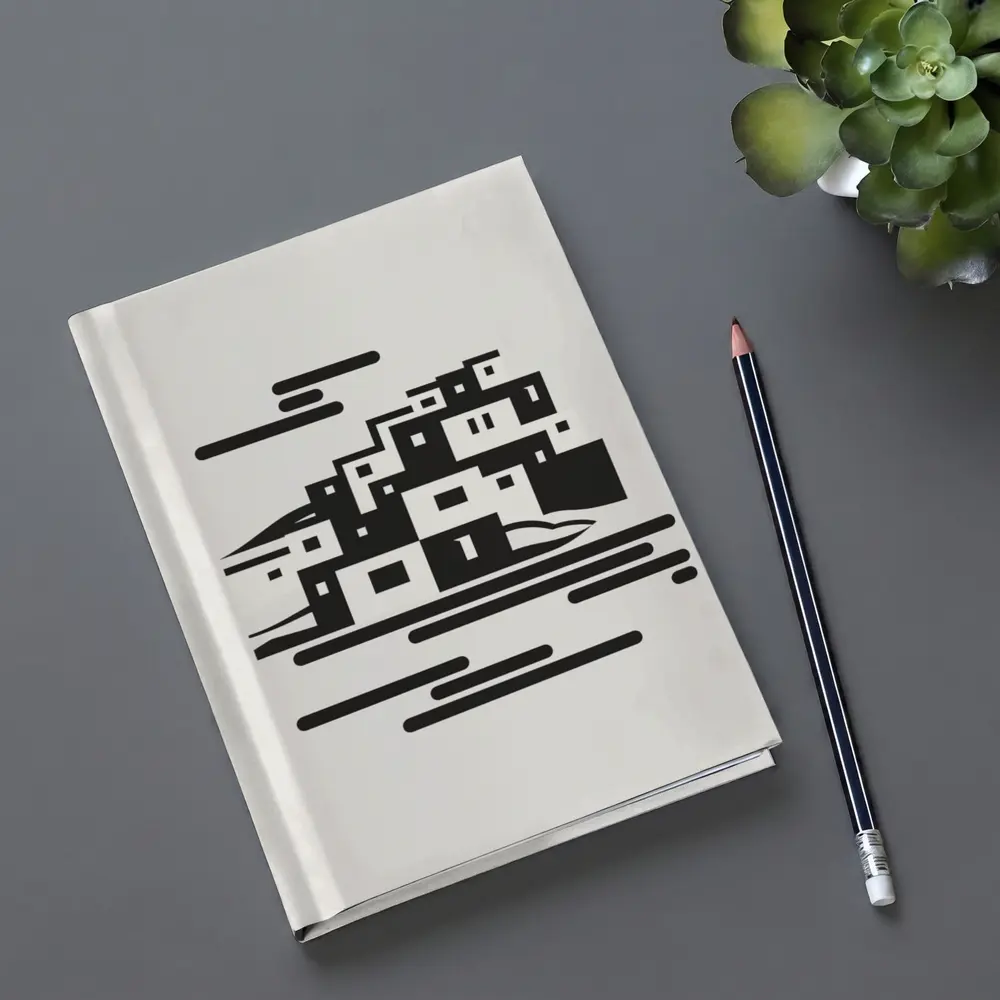 Minimalist Hillside Village Black White Art – Notebooks