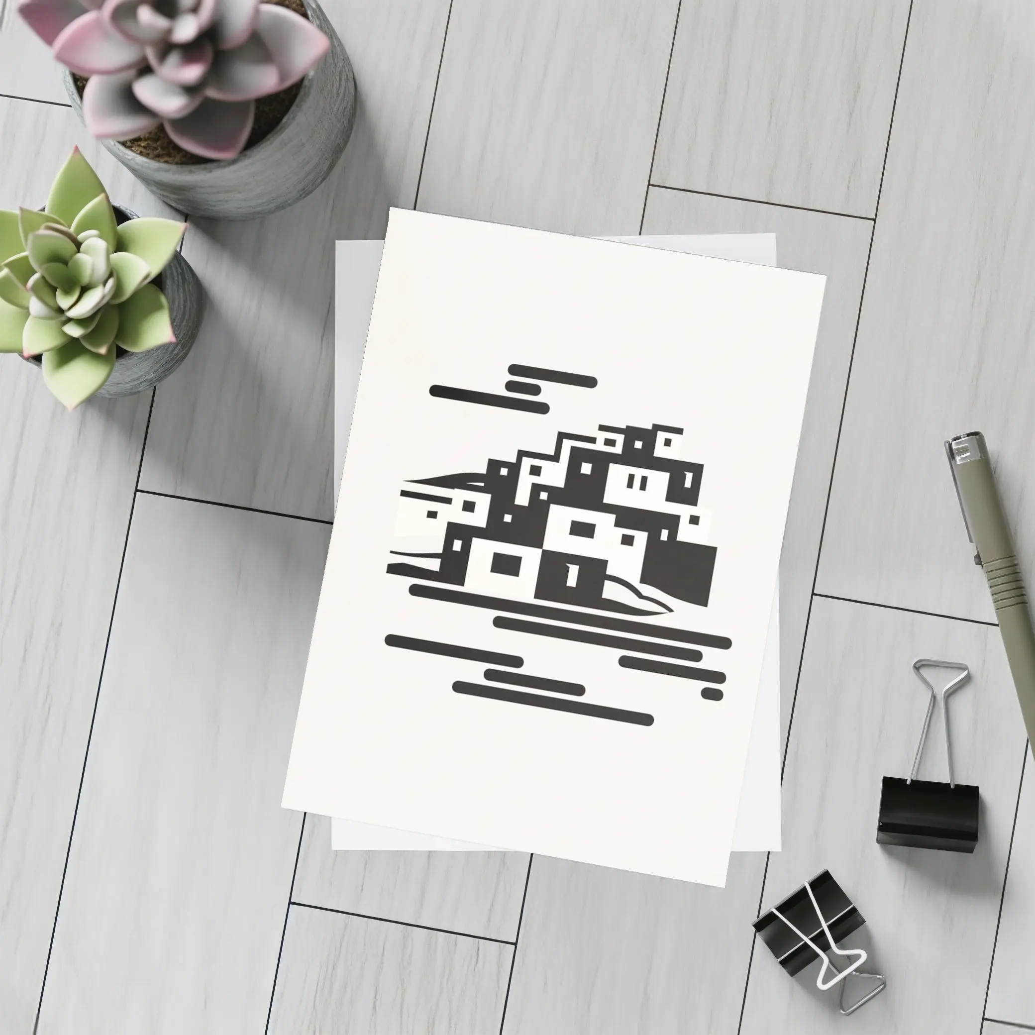 Minimalist Hillside Village Black White Art – Postcards