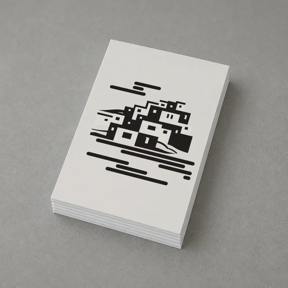 Minimalist Hillside Village Black White Art – Postcards