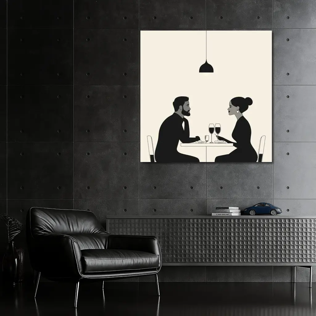 Couple Dining Together Minimalist Black Beige – Wall Art