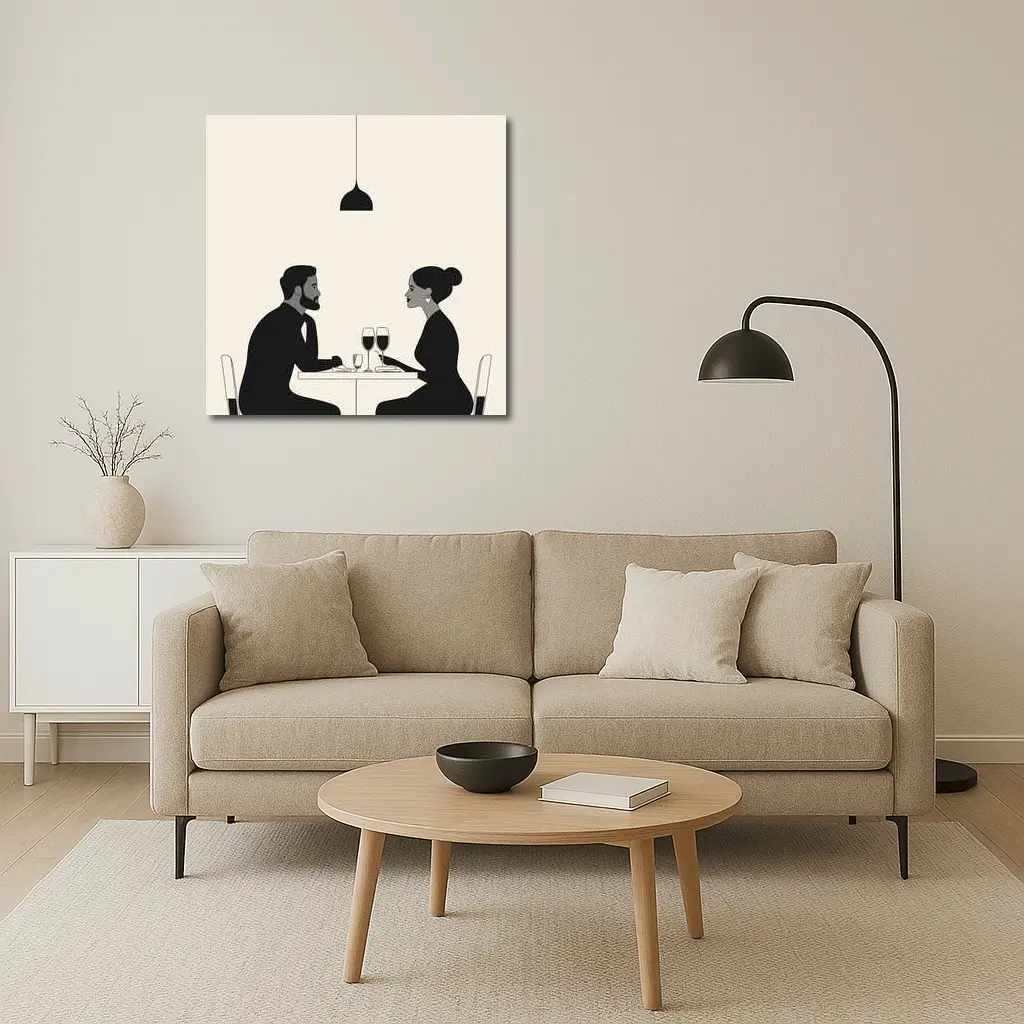 Couple Dining Together Minimalist Black Beige – Wall Art