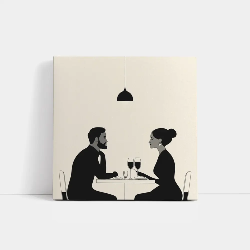 Couple Dining Together Minimalist Black Beige – Wall Art