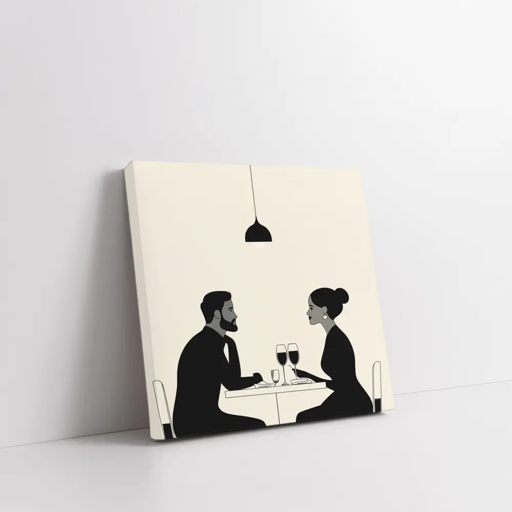 Couple Dining Together Minimalist Black Beige – Wall Art