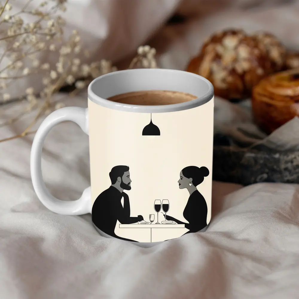 Couple Dining Together Minimalist Black Beige – Mugs
