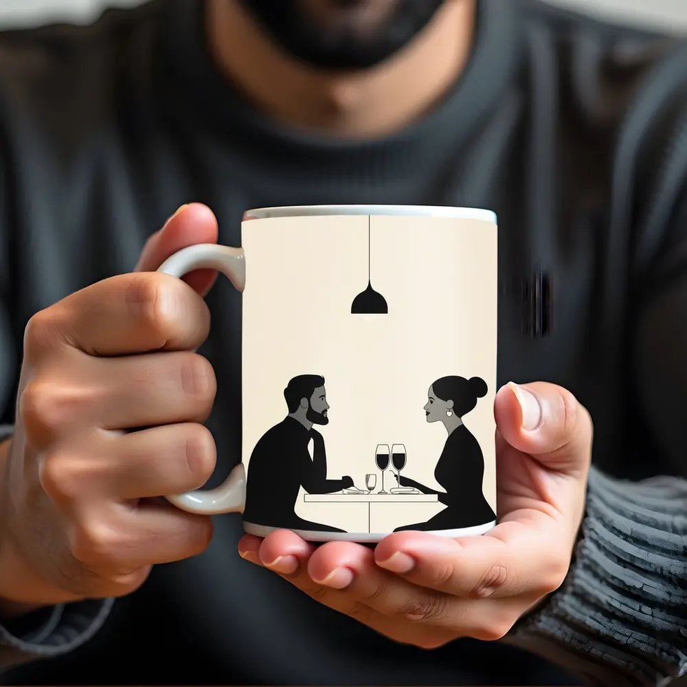 Couple Dining Together Minimalist Black Beige – Mugs