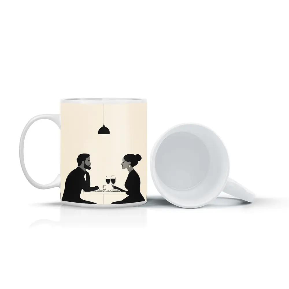 Couple Dining Together Minimalist Black Beige – Mugs