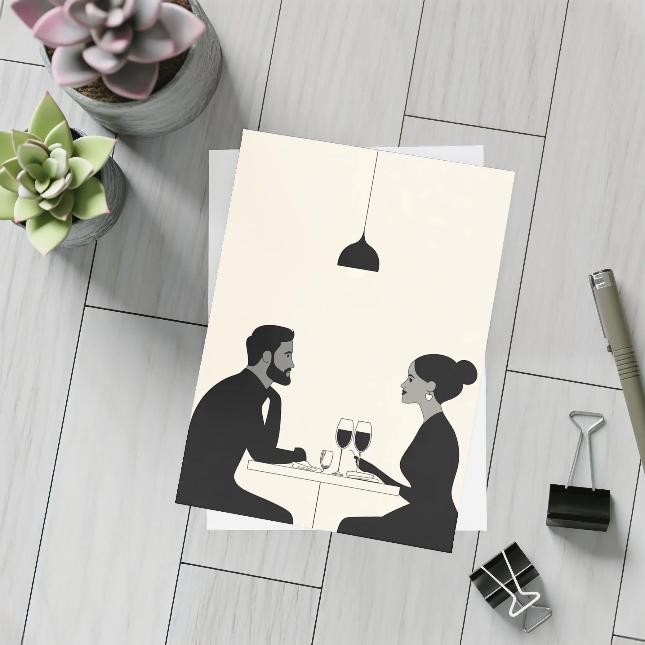Couple Dining Together Minimalist Black Beige – Postcards