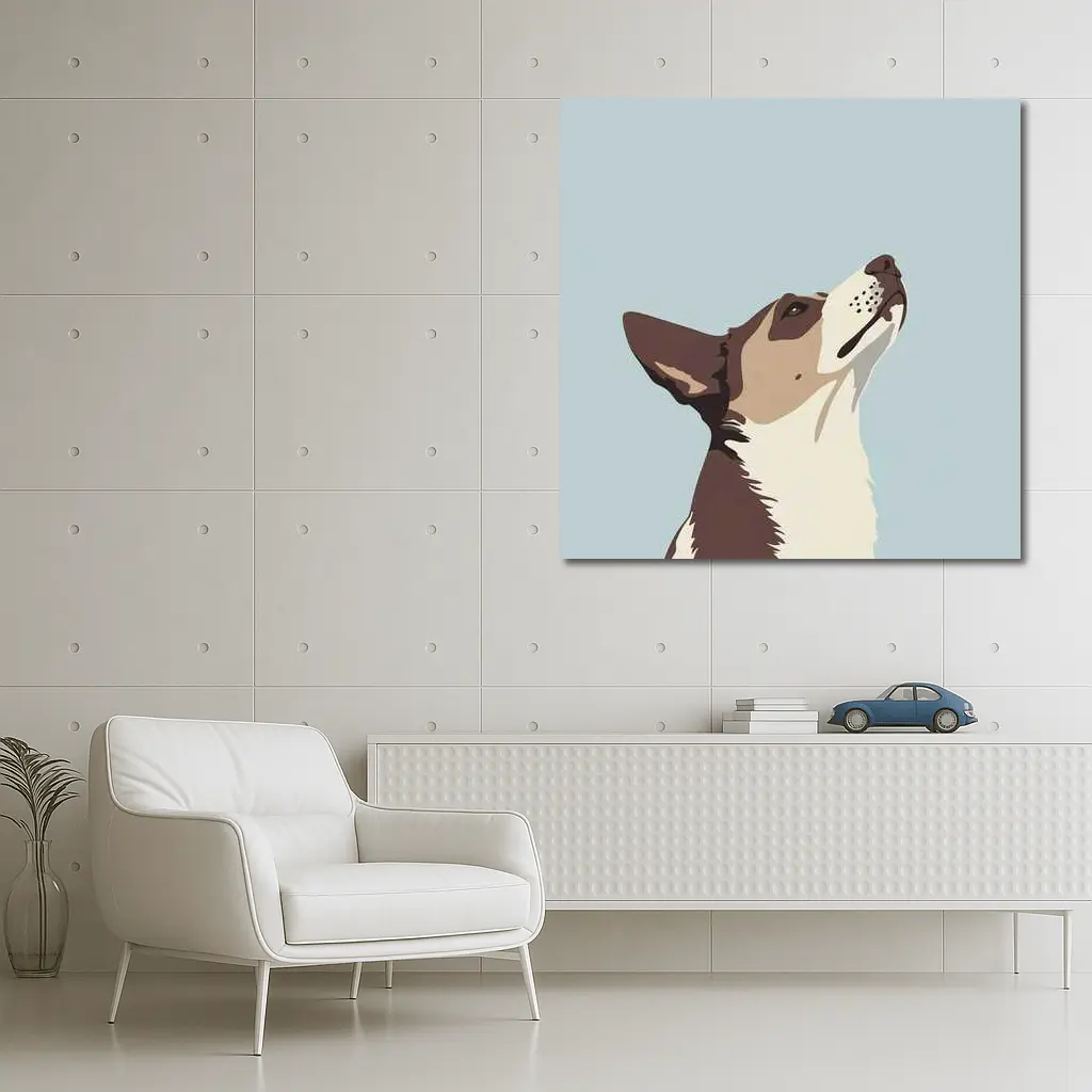 Brown White Dog Looking Up Blue Background – Wall Art
