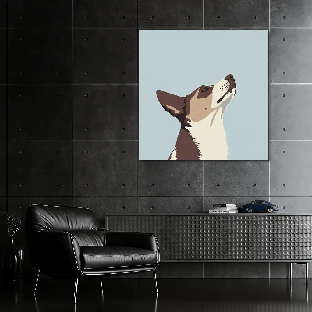 Brown White Dog Looking Up Blue Background – Wall Art