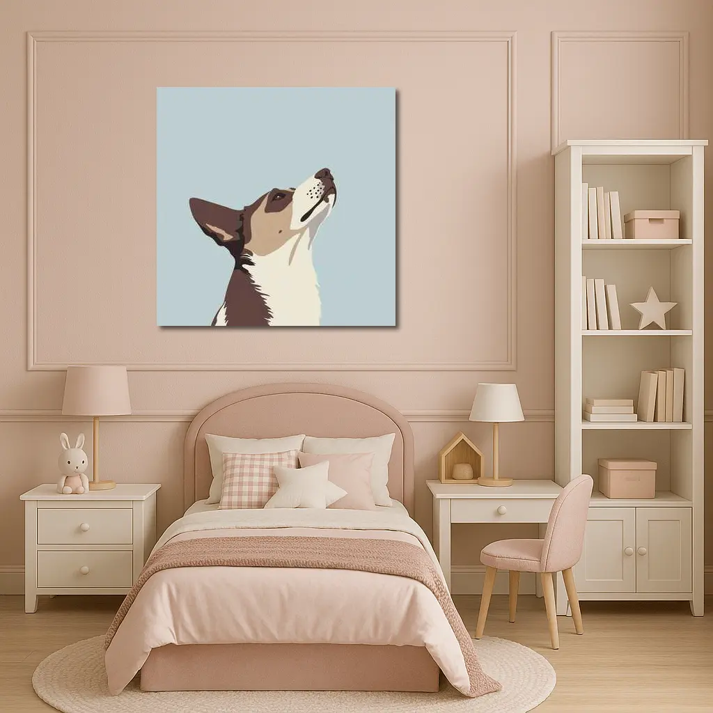 Brown White Dog Looking Up Blue Background – Wall Art