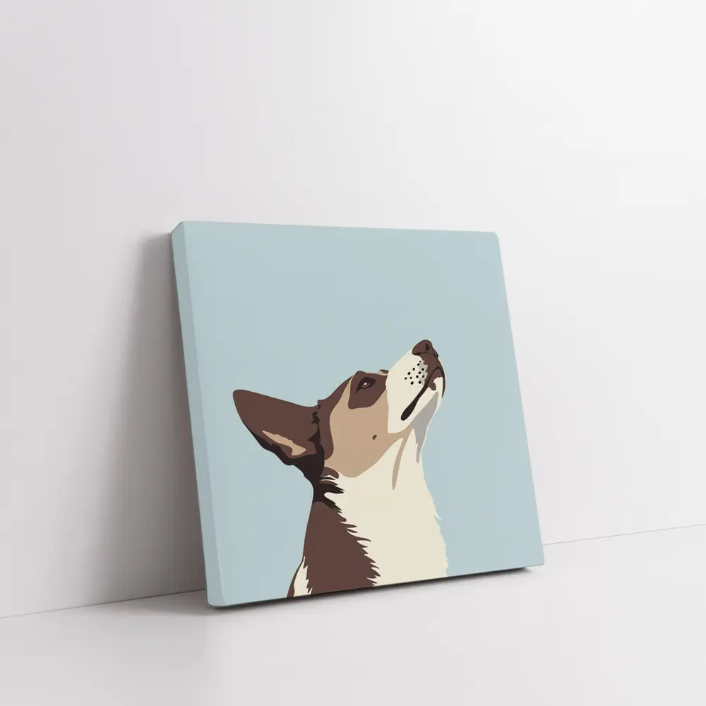 Brown White Dog Looking Up Blue Background – Wall Art