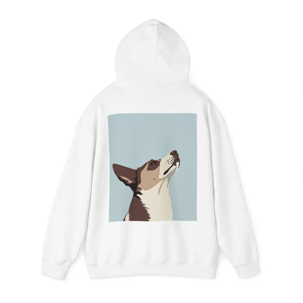 Brown White Dog Looking Up Blue Background – Hoodies