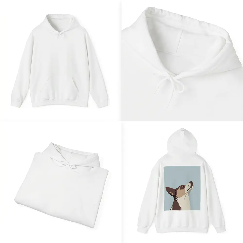 Brown White Dog Looking Up Blue Background – Hoodies