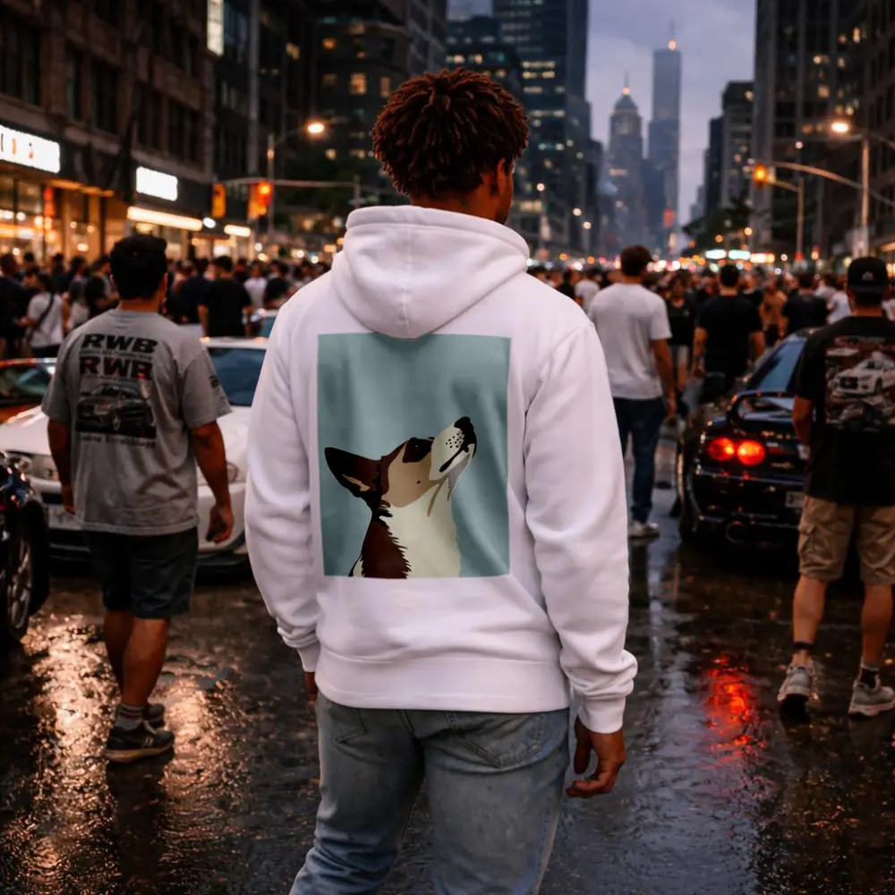 Brown White Dog Looking Up Blue Background – Hoodies