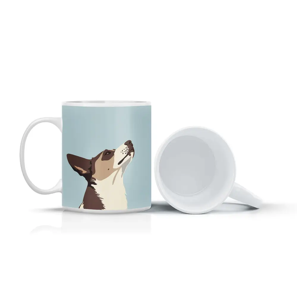 Brown White Dog Looking Up Blue Background – Mugs