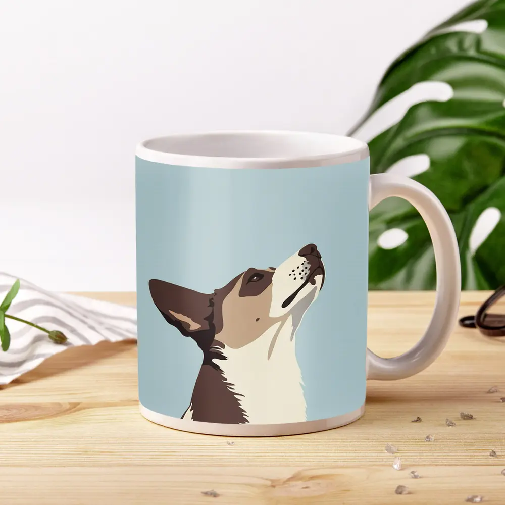 Brown White Dog Looking Up Blue Background – Mugs