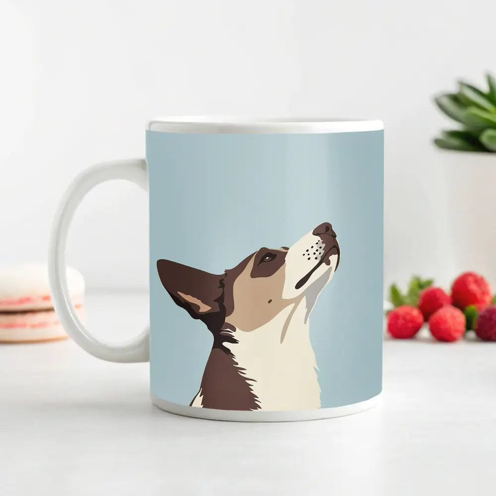 Brown White Dog Looking Up Blue Background – Mugs
