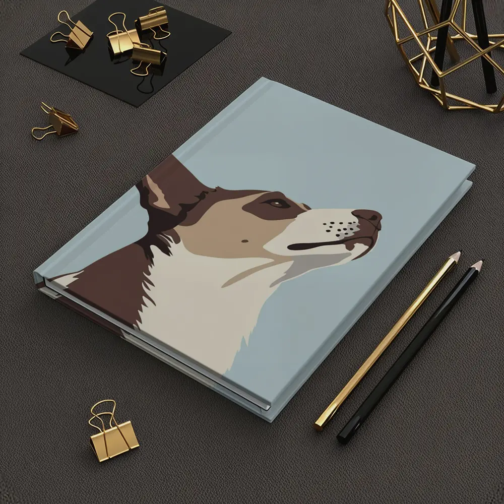 Brown White Dog Looking Up Blue Background – Notebooks