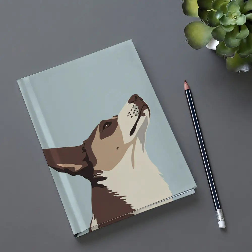 Brown White Dog Looking Up Blue Background – Notebooks