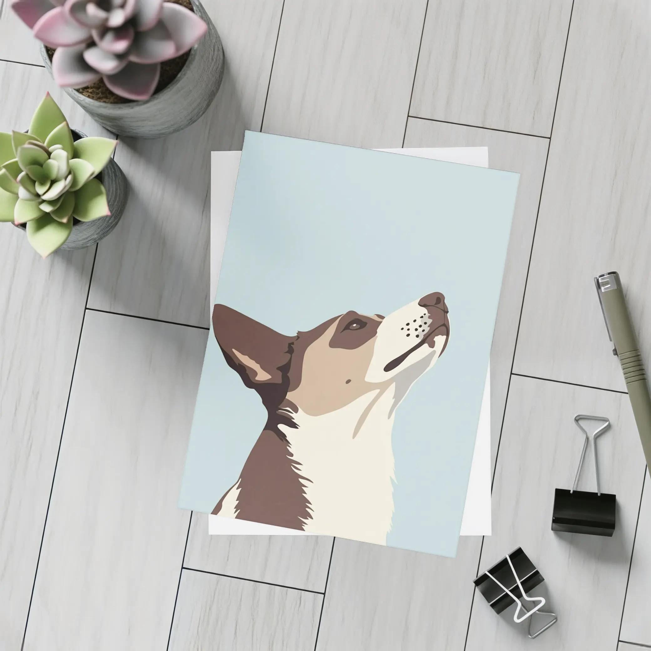Brown White Dog Looking Up Blue Background – Postcards