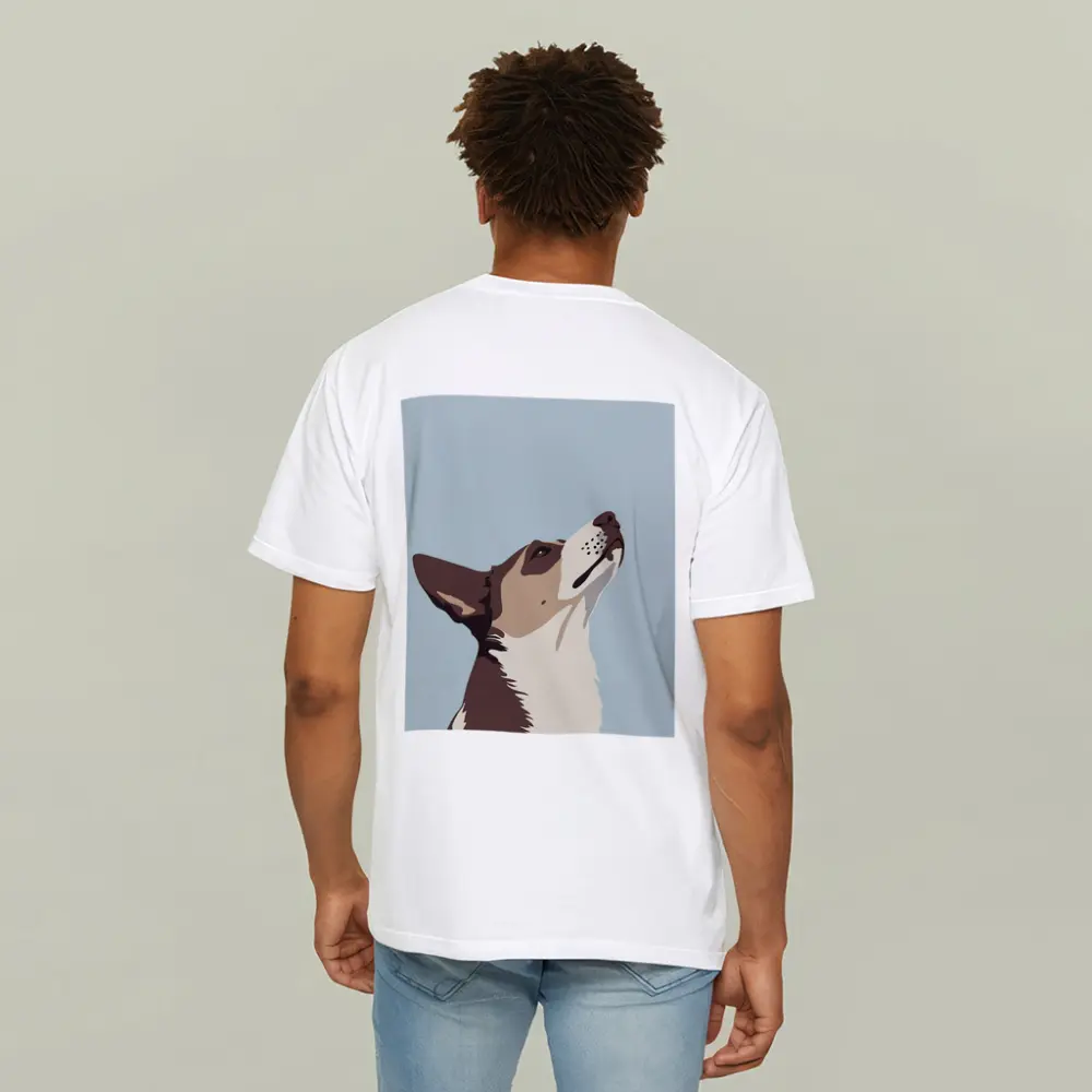 Brown White Dog Looking Up Blue Background – T-Shirts