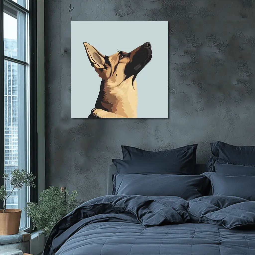 German Shepherd Dog Looking Up Blue Background – Wall Art