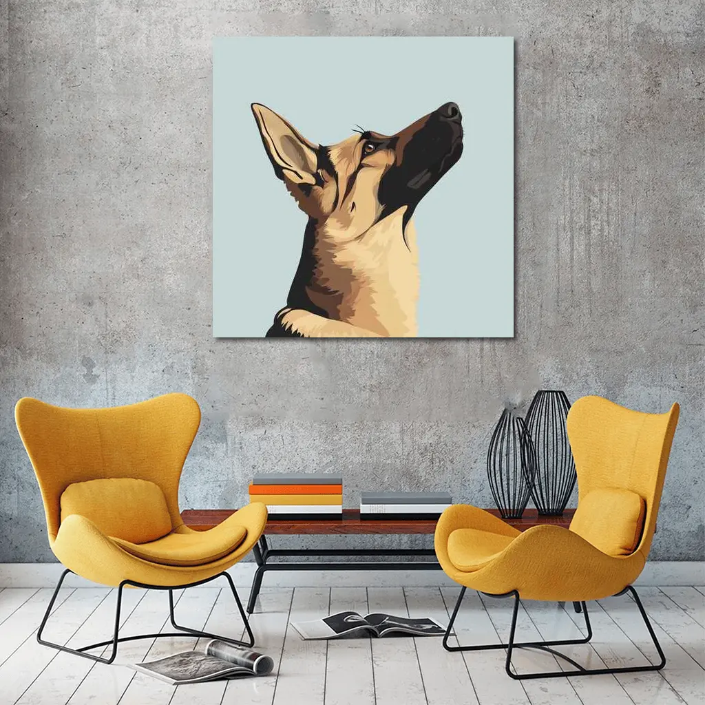 German Shepherd Dog Looking Up Blue Background – Wall Art