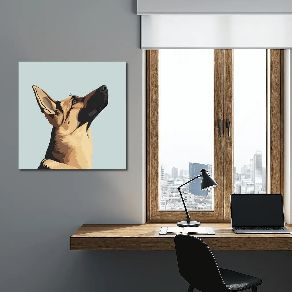 German Shepherd Dog Looking Up Blue Background – Wall Art