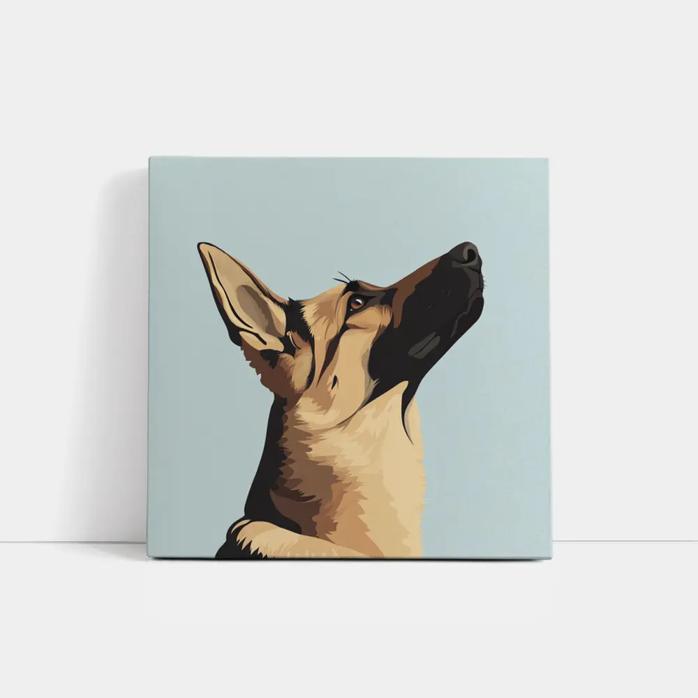 German Shepherd Dog Looking Up Blue Background – Wall Art