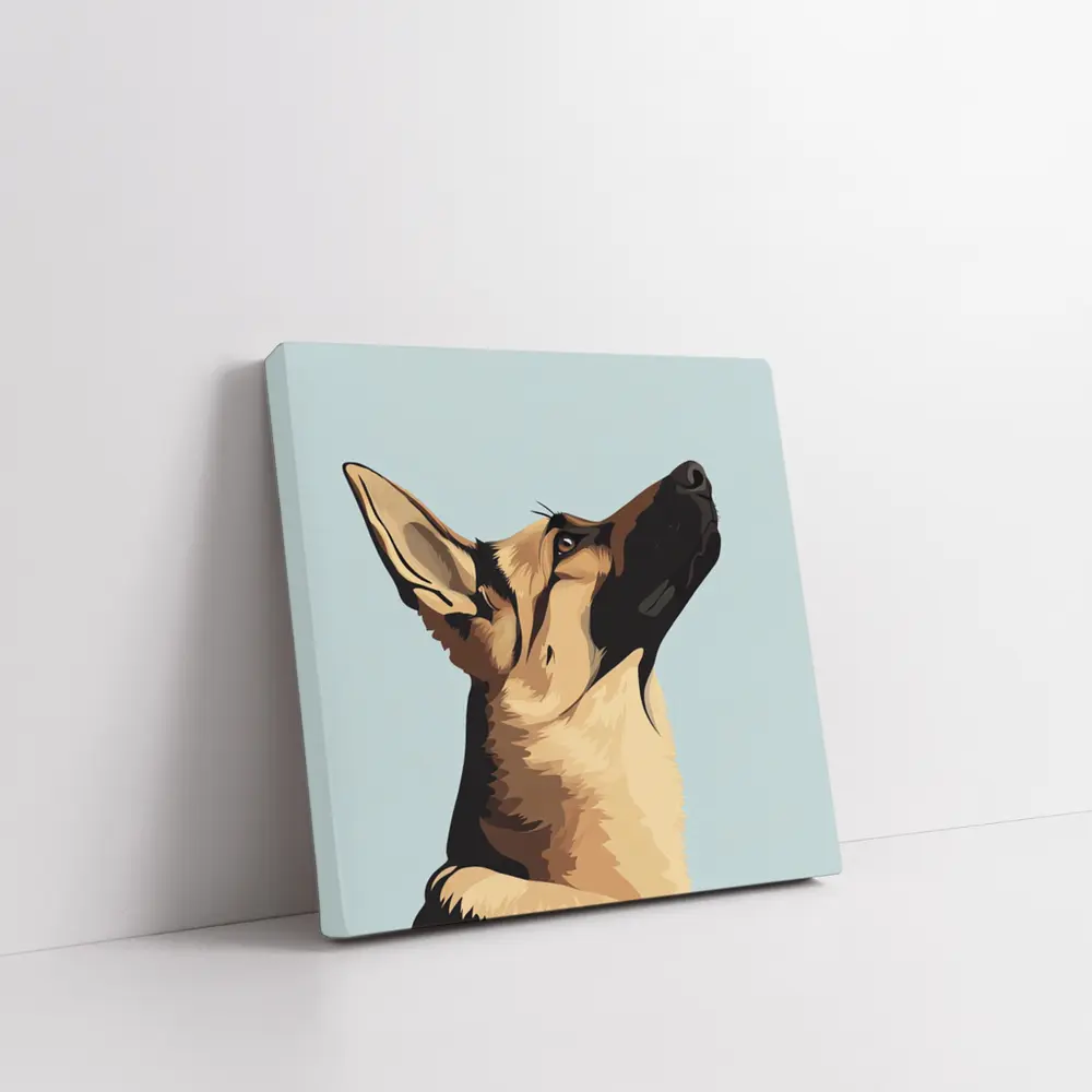 German Shepherd Dog Looking Up Blue Background – Wall Art