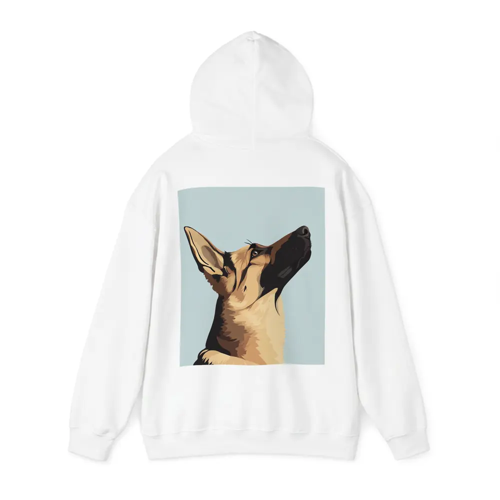 German Shepherd Dog Looking Up Blue Background – Hoodies