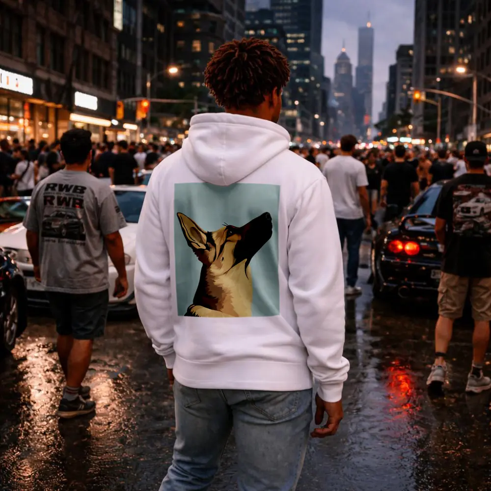 German Shepherd Dog Looking Up Blue Background – Hoodies