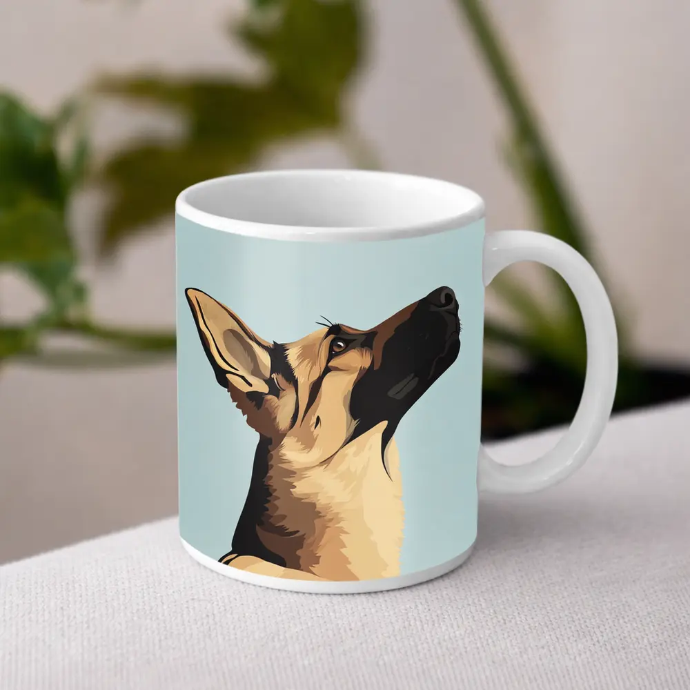 German Shepherd Dog Looking Up Blue Background – Mugs