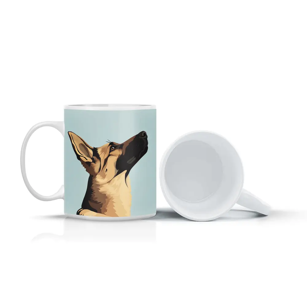 German Shepherd Dog Looking Up Blue Background – Mugs