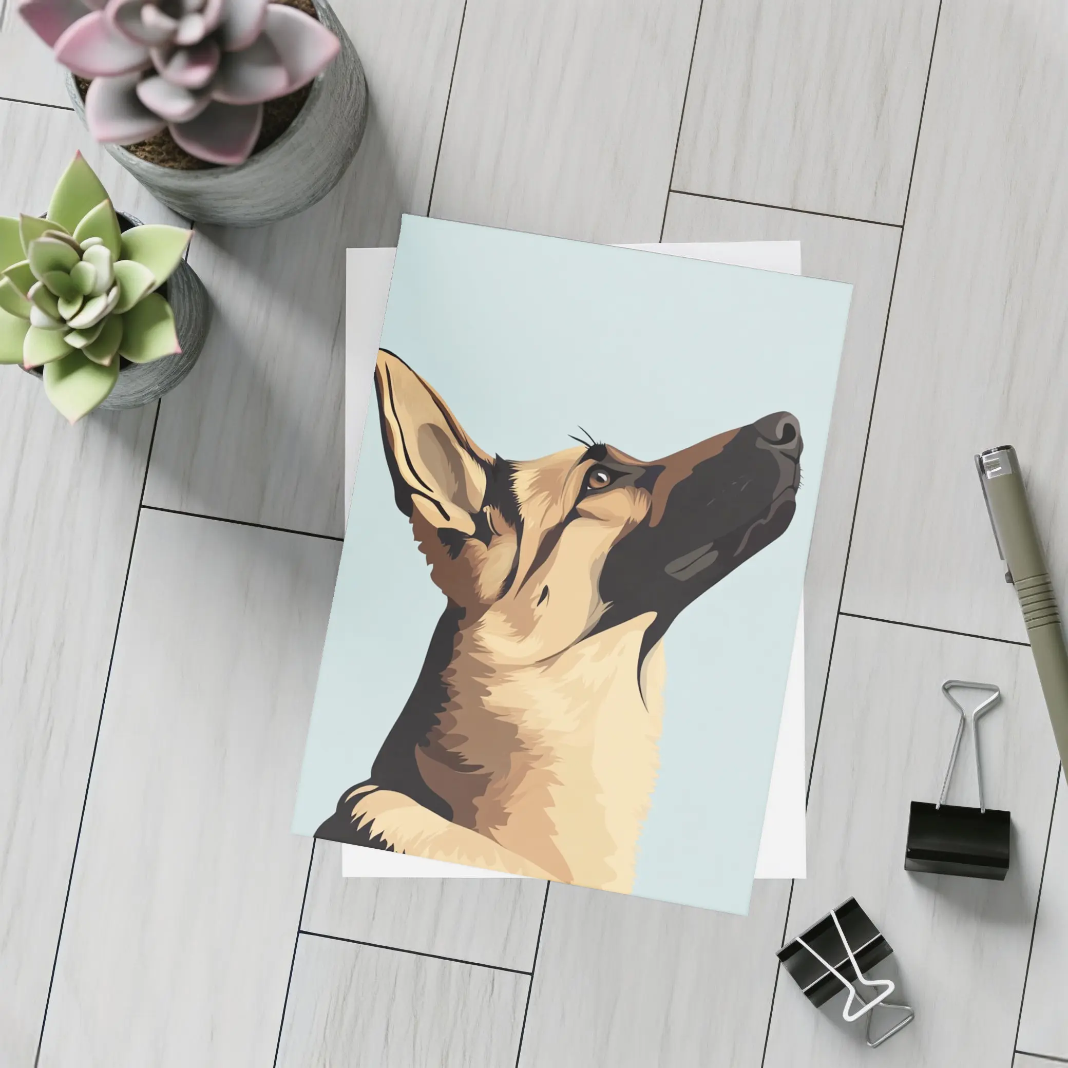 German Shepherd Dog Looking Up Blue Background – Postcards