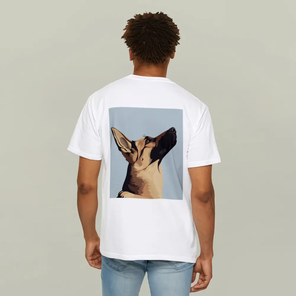 German Shepherd Dog Looking Up Blue Background – T-Shirts