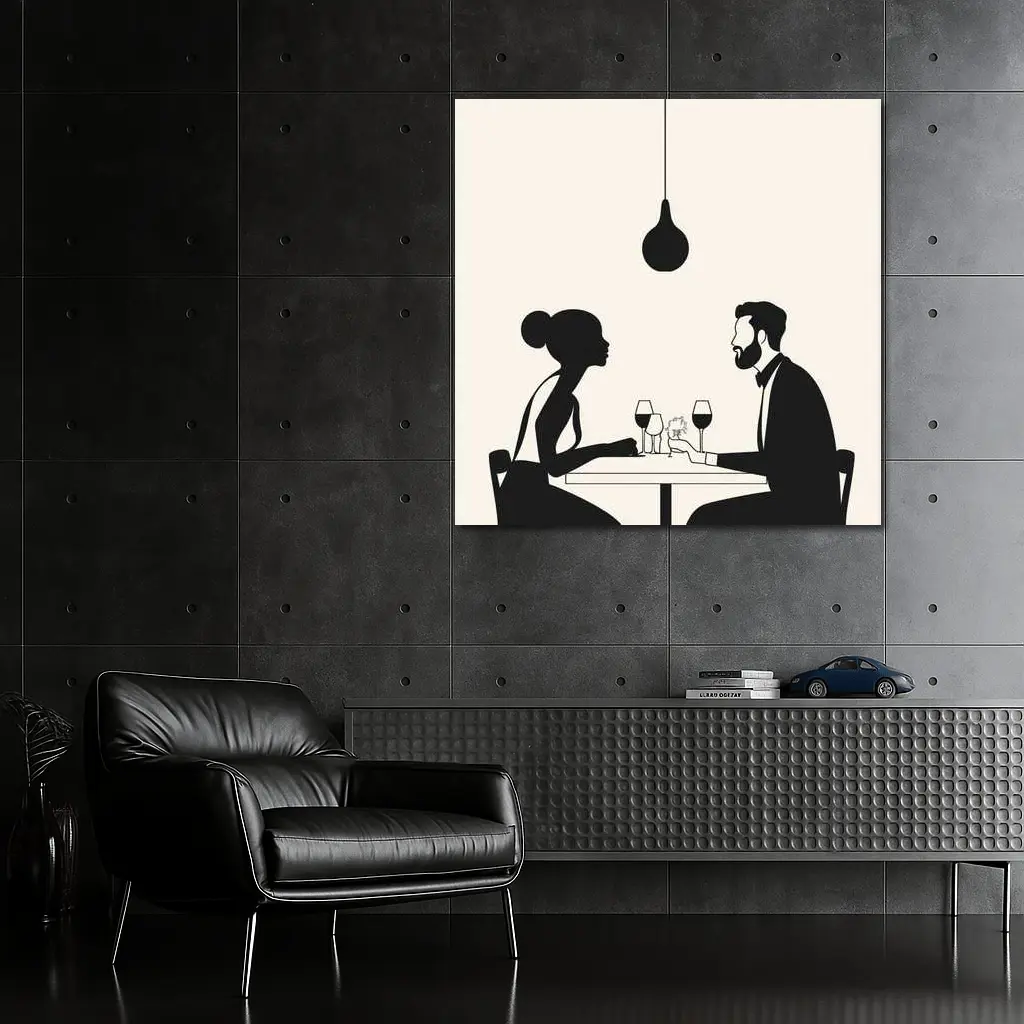 Couple Romantic Dinner Date Minimalist Black White – Wall Art