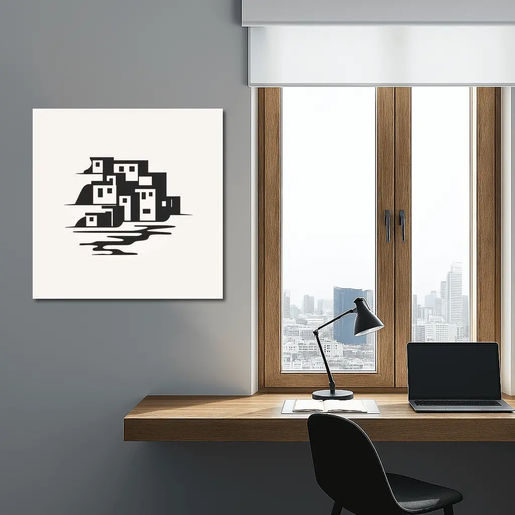 Minimalist Coastal Village Black White Illustration – Wall Art