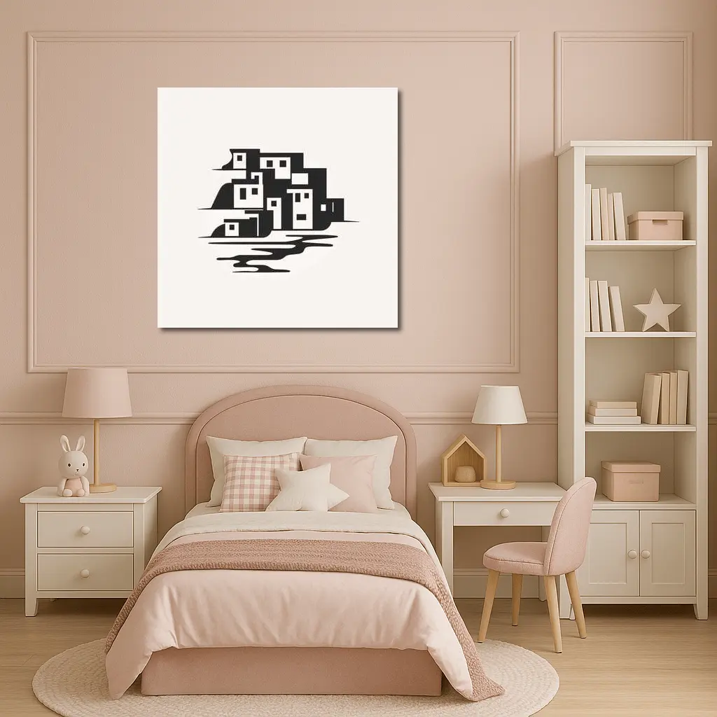 Minimalist Coastal Village Black White Illustration – Wall Art