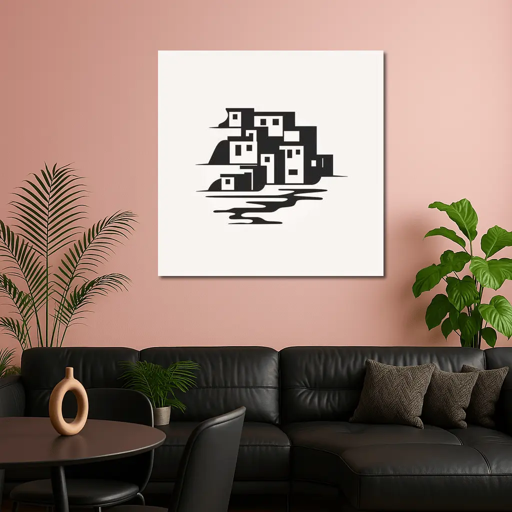 Minimalist Coastal Village Black White Illustration – Wall Art