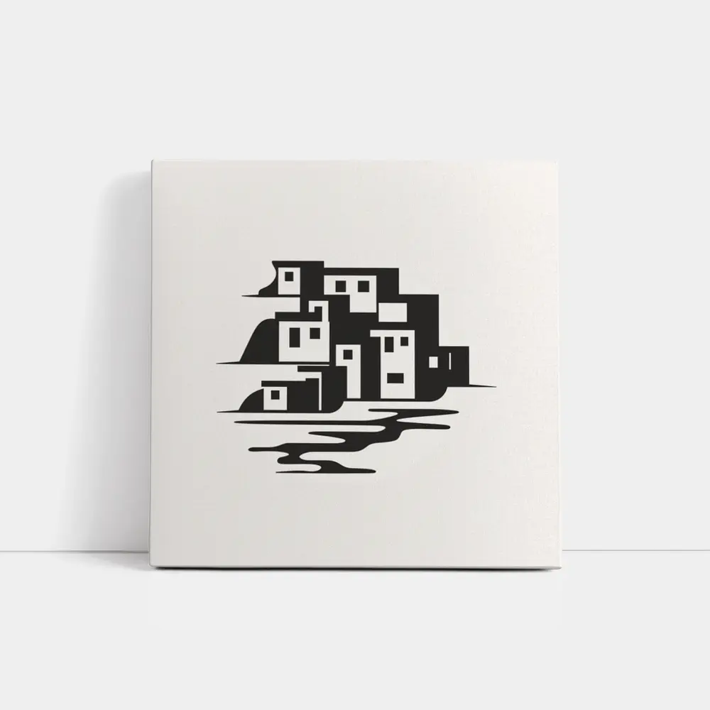 Minimalist Coastal Village Black White Illustration – Wall Art