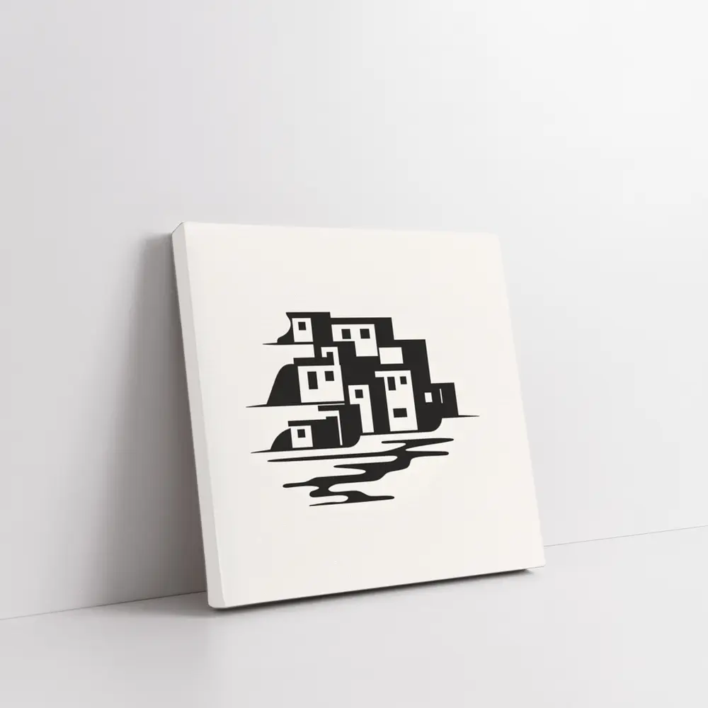 Minimalist Coastal Village Black White Illustration – Wall Art