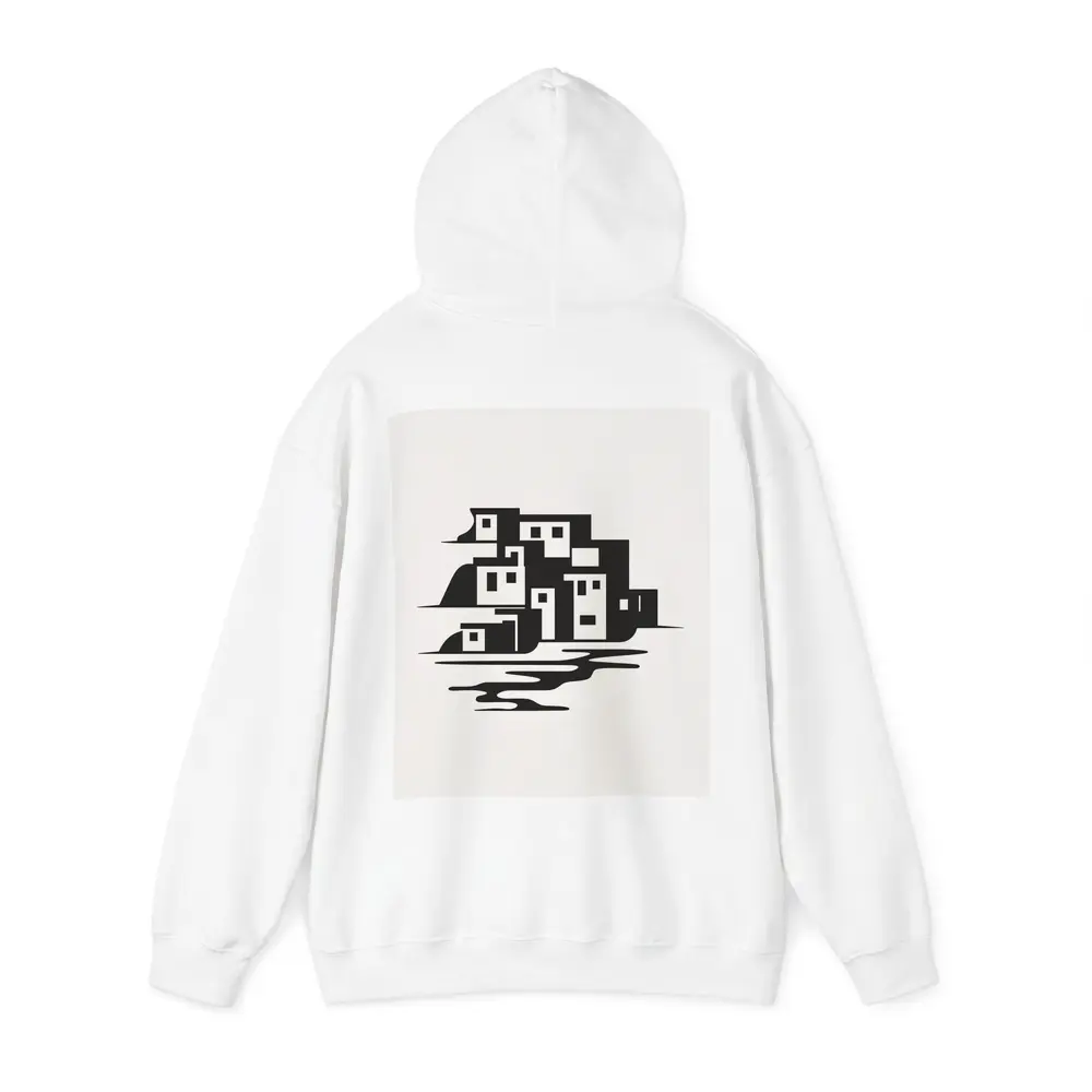 Minimalist Coastal Village Black White Illustration – Hoodies