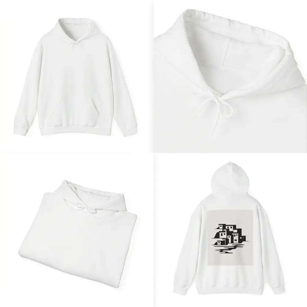 Minimalist Coastal Village Black White Illustration – Hoodies