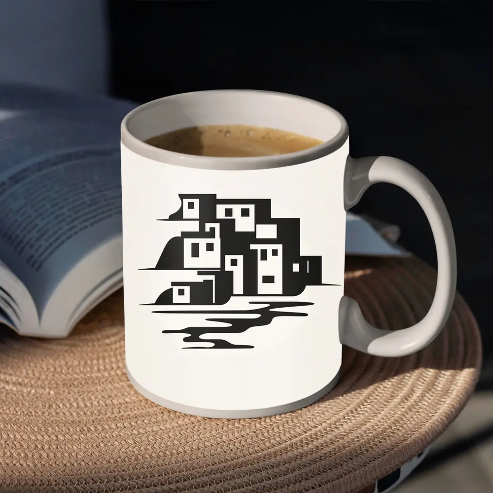 Minimalist Coastal Village Black White Illustration – Mugs