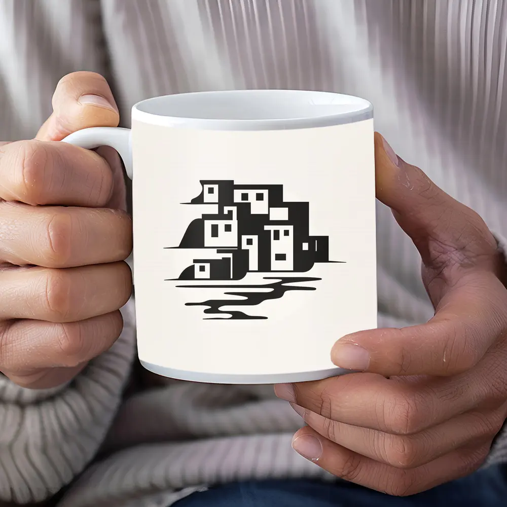 Minimalist Coastal Village Black White Illustration – Mugs