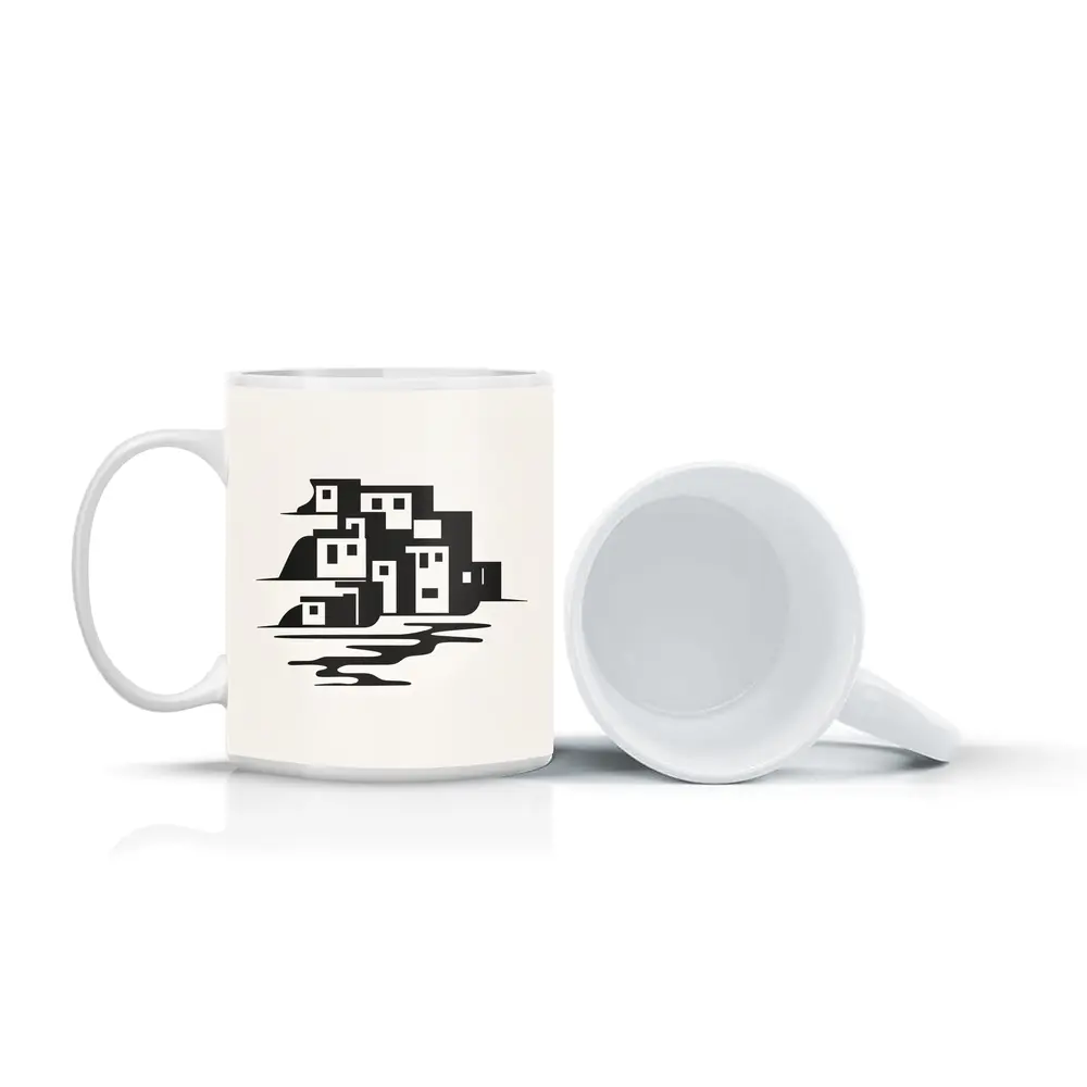 Minimalist Coastal Village Black White Illustration – Mugs