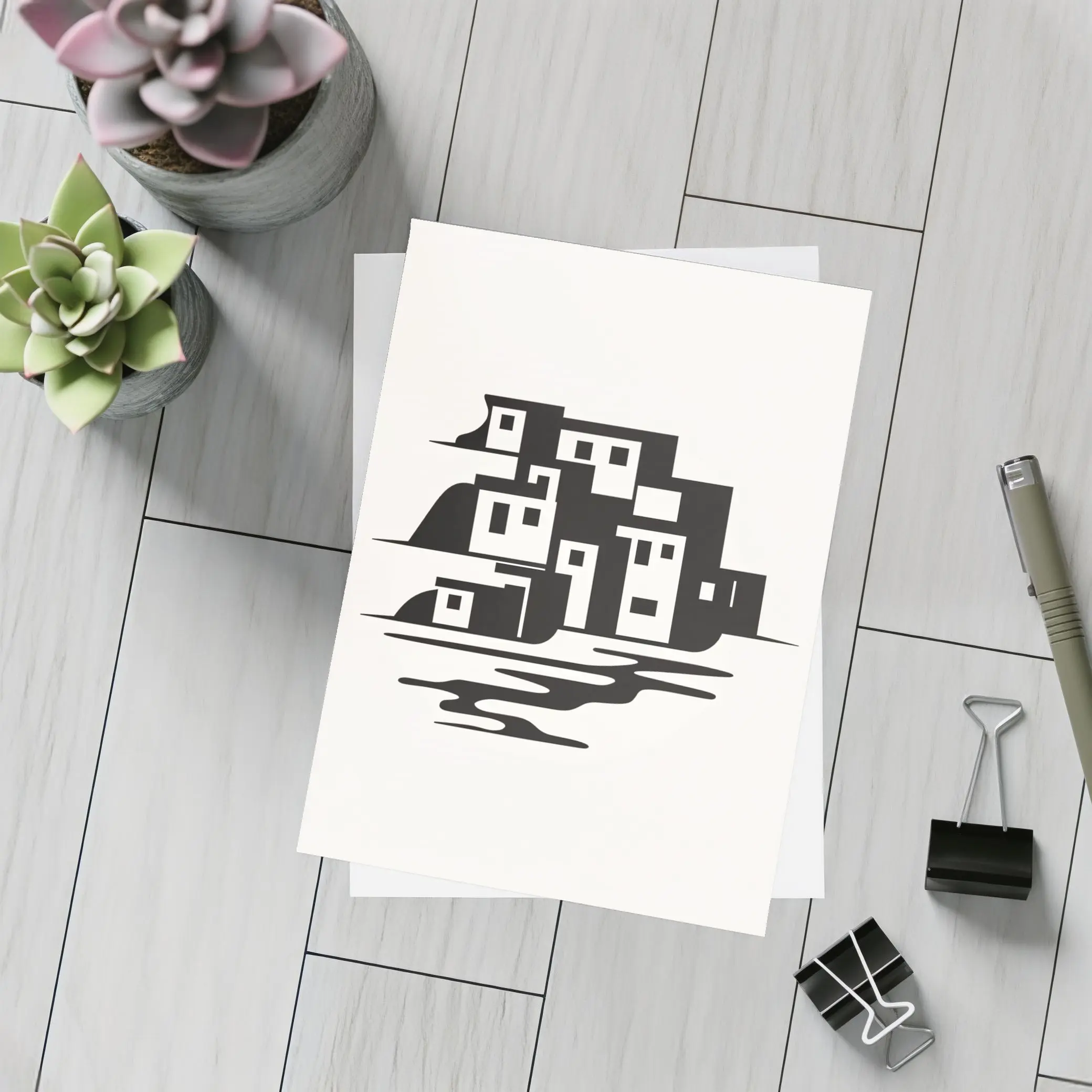 Minimalist Coastal Village Black White Illustration – Postcards