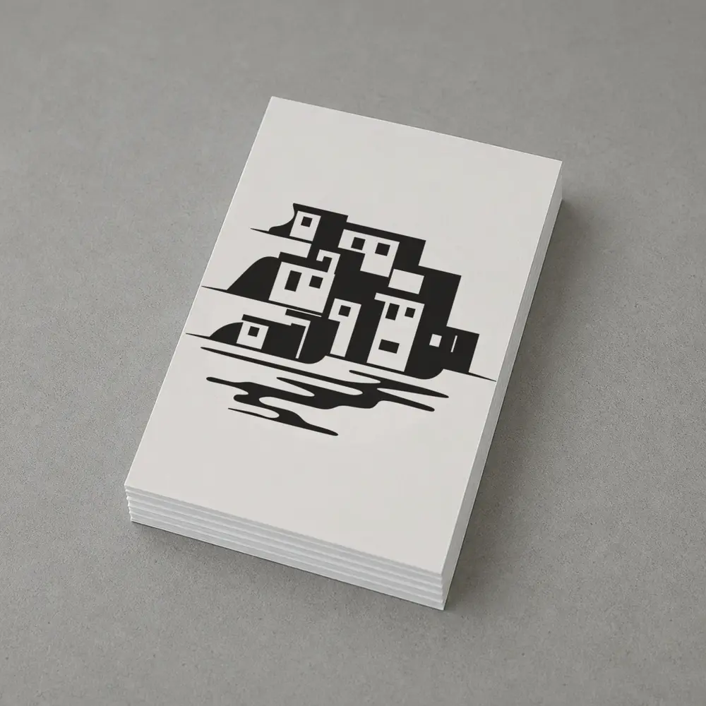 Minimalist Coastal Village Black White Illustration – Postcards